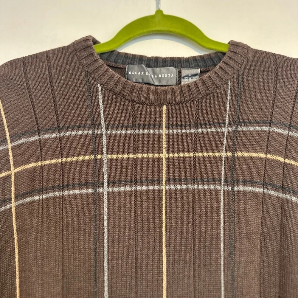 VTG 90s Oscar de la Renta Brown Grandpacore Plaid Pullover Crew Neck Sweater.